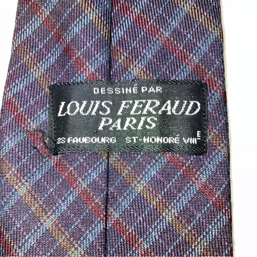Vintage Louis Feraud Paris plaid silk blend skinny tie, purple, red, grey, gold - Picture 5 of 8